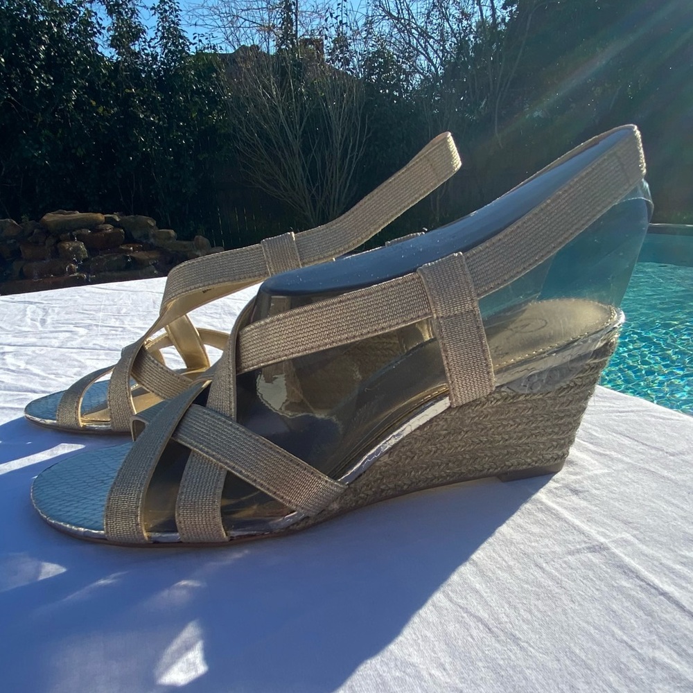 NWT Adrianna Papell Alba Platino Metallic gold and tan wedges / 9.5 / Inc. box - Picture 12 of 16